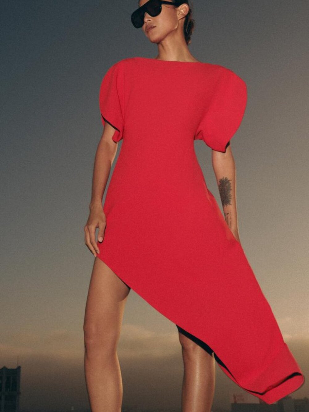 BNWT WOMAN ZARA ZW COLLECTION ASYMMETRIC MIDI DRESS BRIGHT RED 2102/098/632 XS